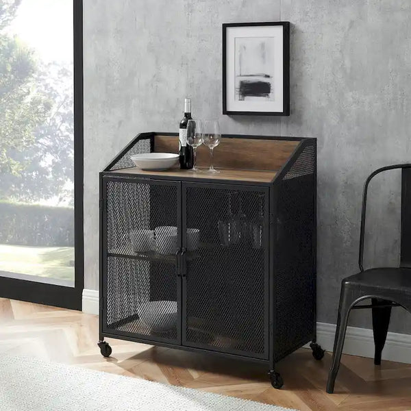 Industrial Bar Cabinet Cart with Mesh Doors Shelves and Wheels