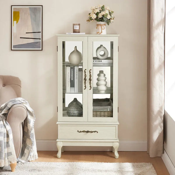 Illuminated Glass Curio Display Cabinet with Adjustable Shelves, Double Doors, and Drawer - Glass Wine Storage Solution