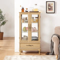 Illuminated Glass Curio Display Cabinet with Adjustable Shelves, Double Doors, and Drawer - Glass Wine Storage Solution