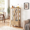 Illuminated Glass Curio Display Cabinet with Adjustable Shelves, Double Doors, and Drawer - Glass Wine Storage Solution
