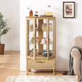 Illuminated Glass Curio Display Cabinet with Adjustable Shelves, Double Doors, and Drawer - Glass Wine Storage Solution