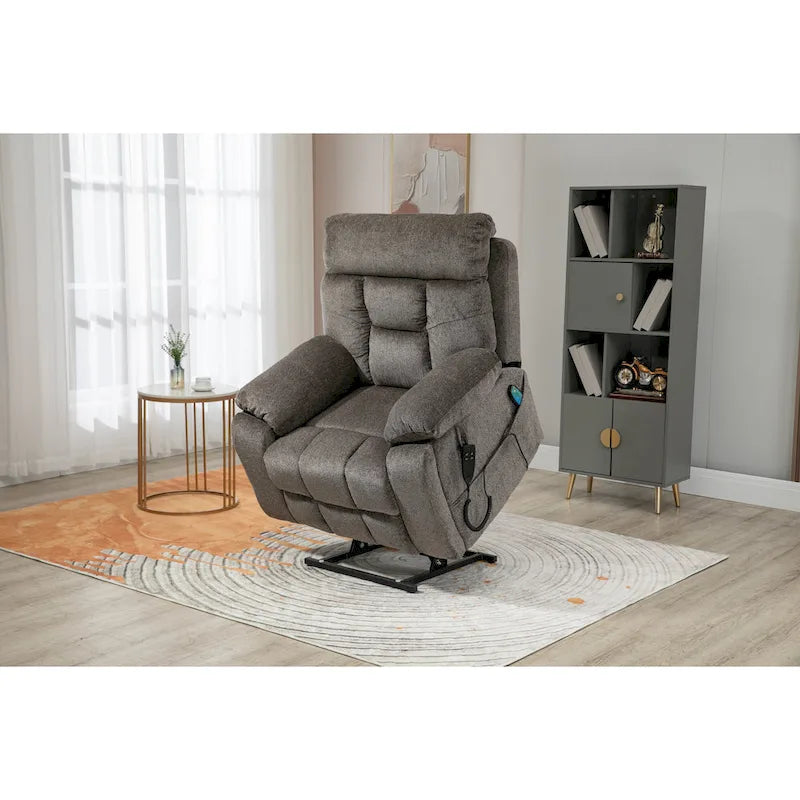 Gray Chenille Power Lift Recliner with Massage and Concealed Cup Holder