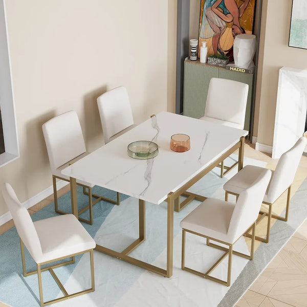 GDFStudio Carter Contemporary Rectangular Dining Set with Faux Marble Table and Six Upholstered Chairs