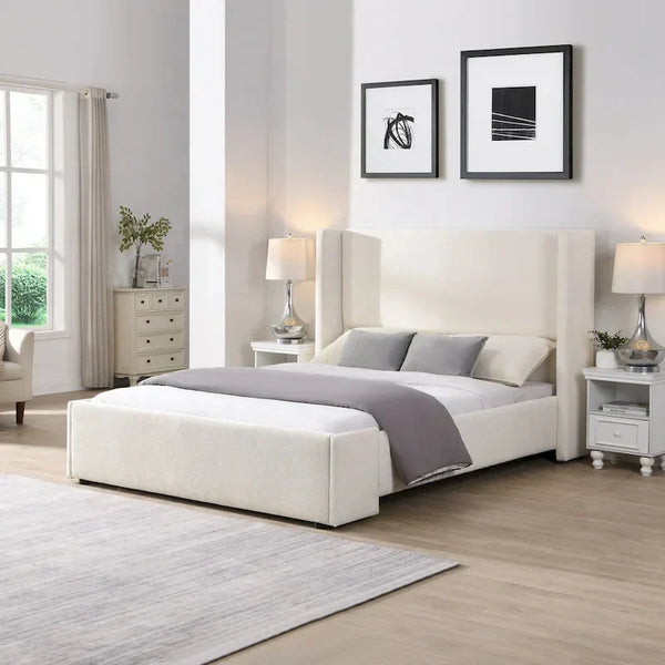 Isabella Queen White Upholstered Bed with Tall Wingback Headboard by Christopher Knight Home
