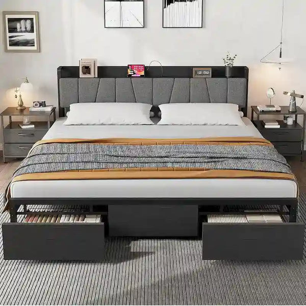 Industrial Black Bed Frame with Storage Headboard, Featuring 2 Spacious Drawers and Built-in Charging Station
