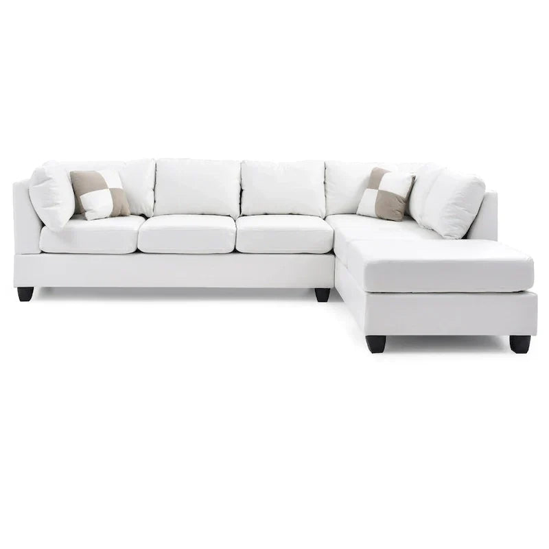 111 White Reversible Faux Leather 4-Seater Sectional Sofa with Throw Pillows