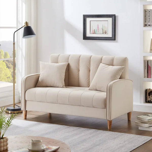 Contemporary Velvet Tufted Loveseat for Small Living Spaces - Beige Upholstered Sofa