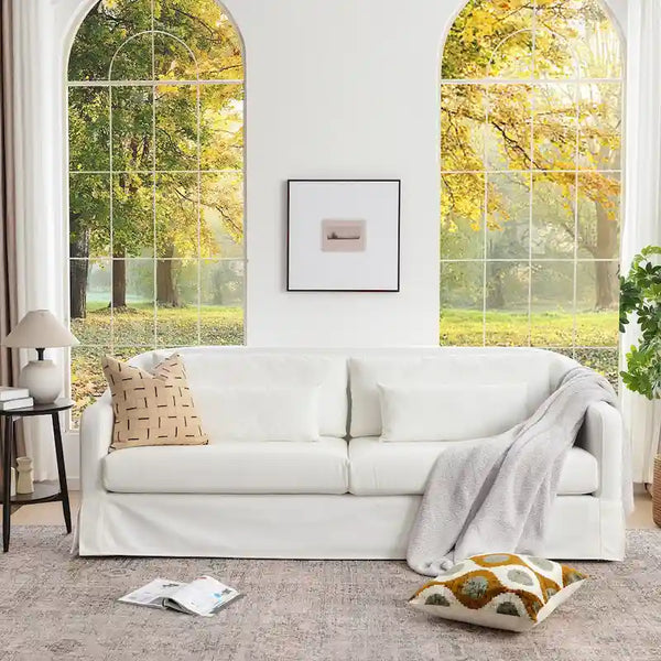 KINWELL 90W Linen Slipcovered 3-Seater Sofa with Skirt and 4 Pillows