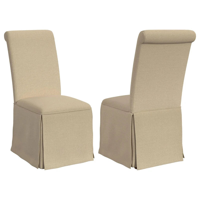 Set of 2 Shaw Dining Chairs with Tall Rolled Back and Skirted Base in Beige