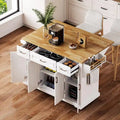 Spacious White Kitchen Island with Wood Drop Leaf, Embossed Texture Rolling Cart Featuring Doors and Drawers for Ample Storage