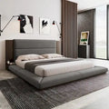 King Gray Upholstered Low Profile Platform Bed with Extended Wood Headboard and Integrated Nightstand Shelves