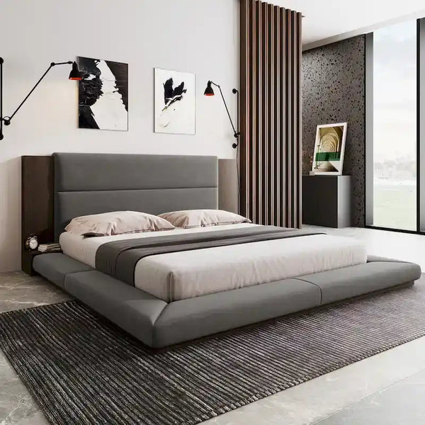 King Gray Upholstered Low Profile Platform Bed with Extended Wood Headboard and Integrated Nightstand Shelves