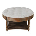 Round Storage Ottoman Coffee Table with Tufted Seat and Wooden Base