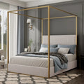 Metal Canopy Platform Bed with Vertical Stripe Upholstered Wingback Headboard - Four Poster, Low Profile Design