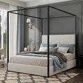 Metal Canopy Platform Bed with Vertical Stripe Upholstered Wingback Headboard - Four Poster, Low Profile Design