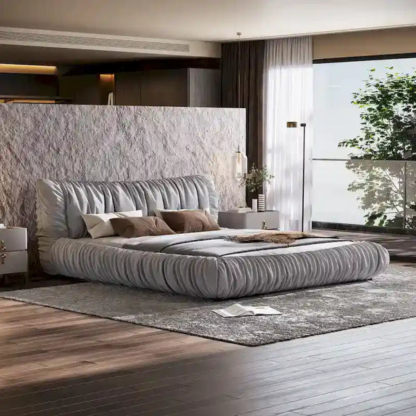 Light Grey King Size Luxury Upholstered Platform Bed with Removable Cushions and Sturdy Wooden Frame
