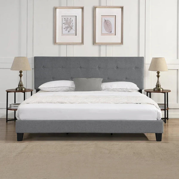 King Size Upholstered Platform Bed with Button-Tufted Linen Headboard