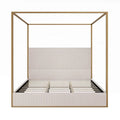 Contemporary Luxe Metal Canopy Bed Featuring a High Upholstered Headboard