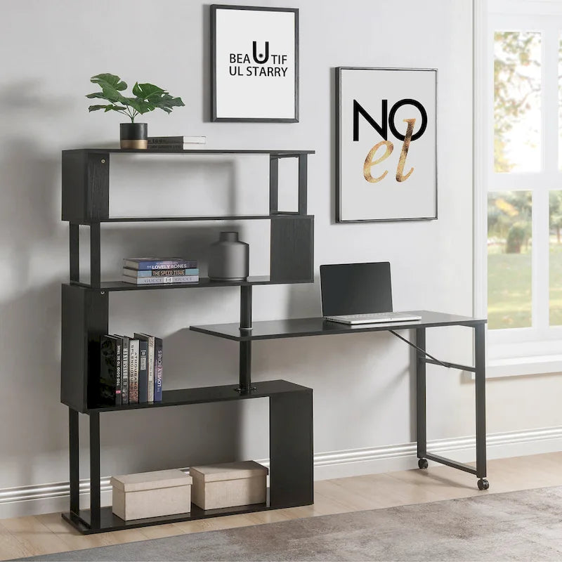Modern Computer Desk with 5-Tier Shelves – Space-Saving Rotatable Workstation