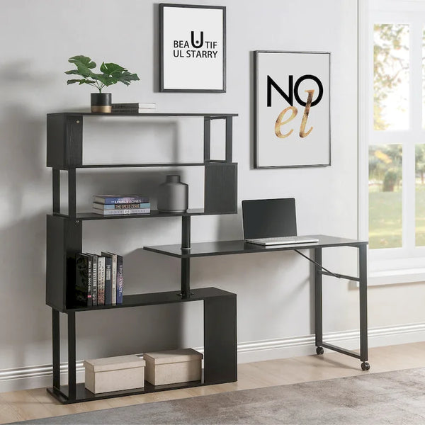 L-Shaped Corner Computer Desk with Rotating Features and 5-Tier Bookshelf for Home Office