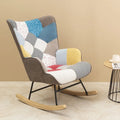 Mid-Century Patchwork Linen Rocking Chair with Wooden Legs