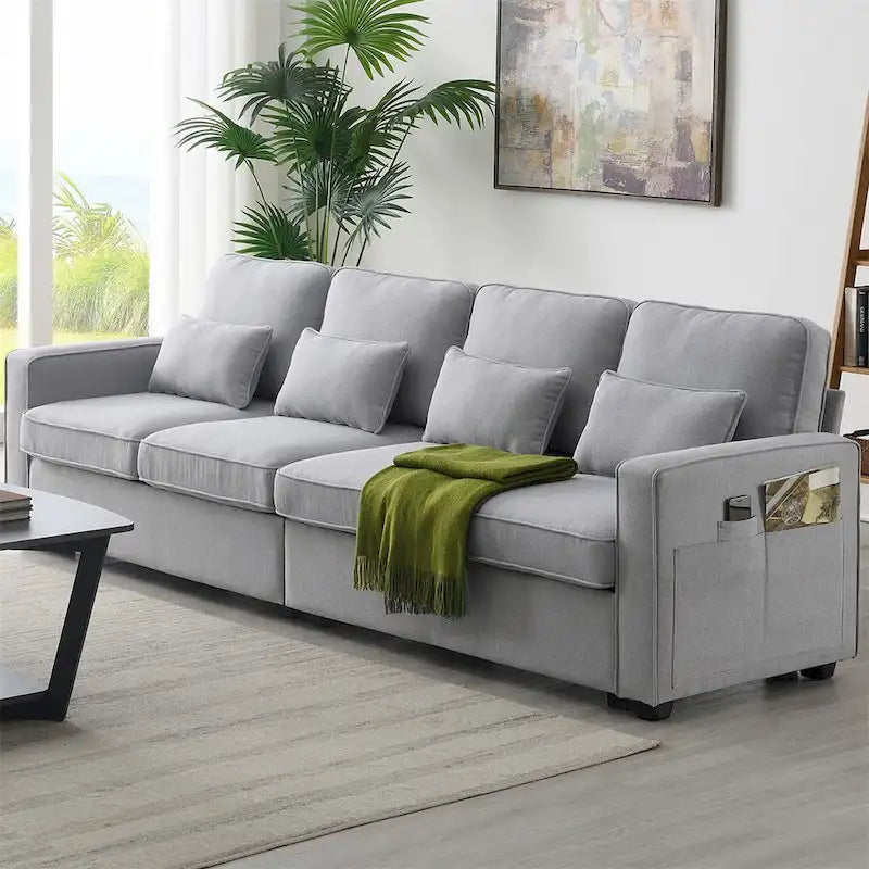 Merax 104 Modern 4-Seater Linen Sofa with Armrest Pockets and 4 Pillows - Minimalist Design
