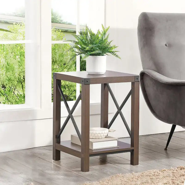 Ledel Rustic Farmhouse Accent End Table with Storage Shelf