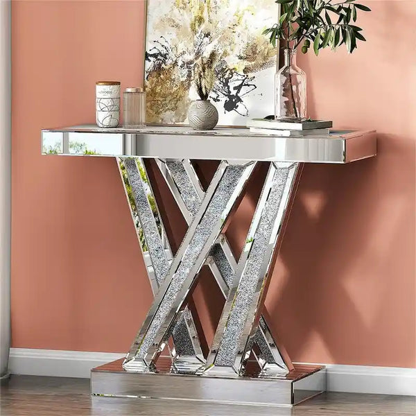 Contemporary Silver Console Table with Crushed Diamond Inlay for Entryway
