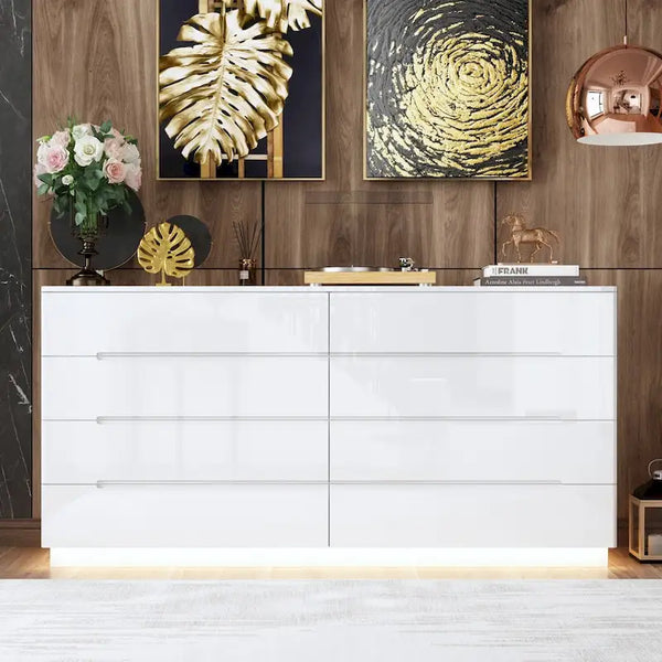 Light Dual Chest 8-Drawer Double Dresser with High Gloss Finish