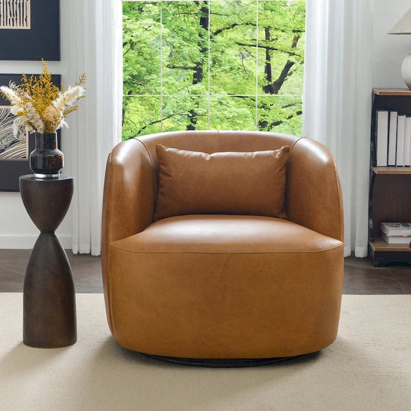 KINWELL Contemporary Genuine Leather Swivel Armchair with Cushion