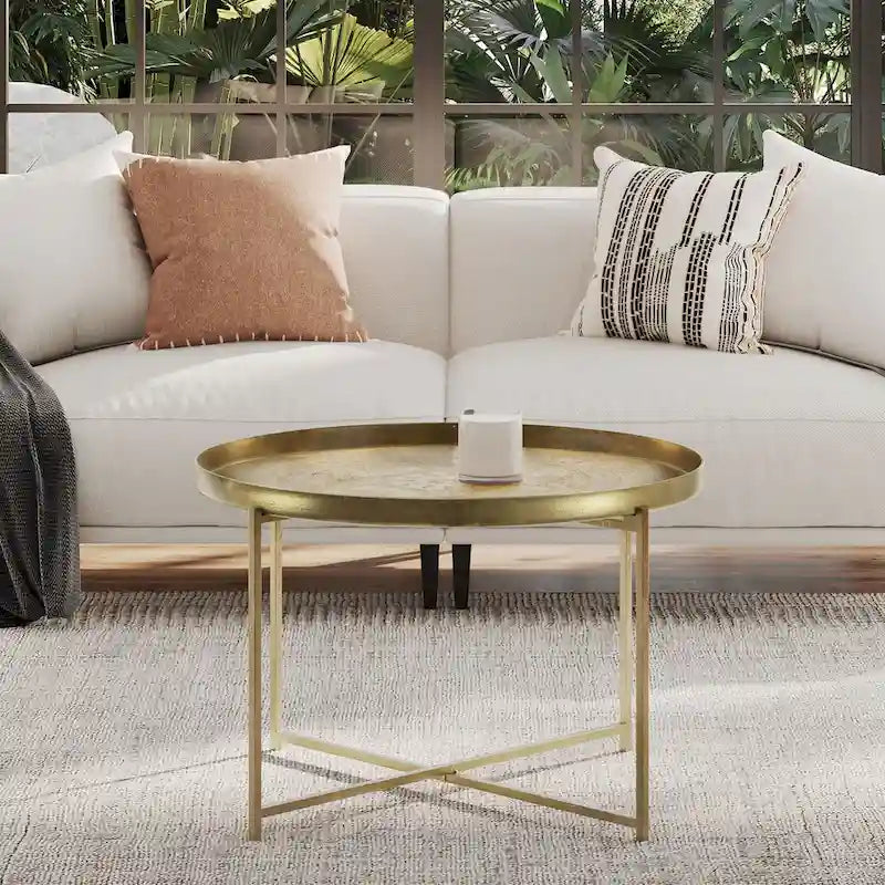 East at Main Eros Etched Floral Tray-Top Accent Table in Antique Brass Finish
