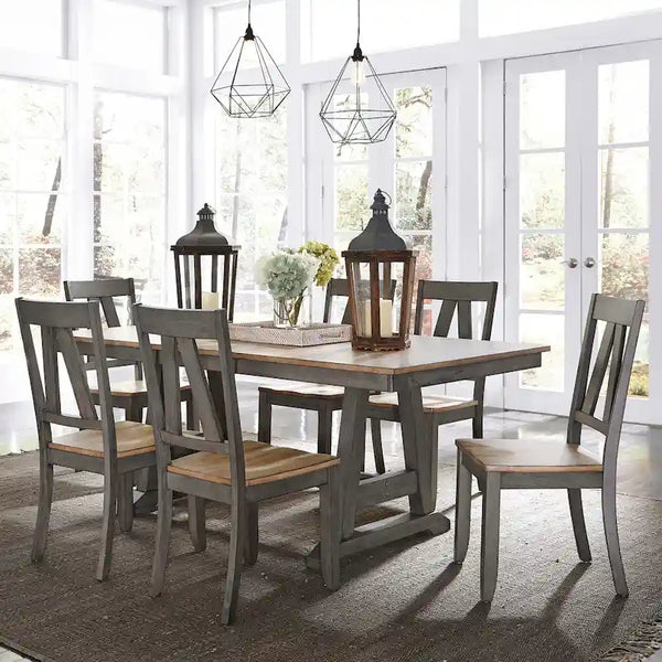 Lindsey Farm 7-Piece Trestle Table Set in Gray and Sandstone