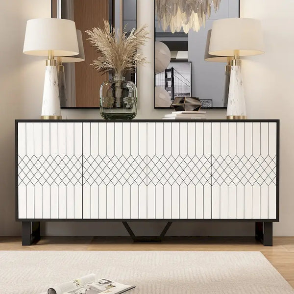 Contemporary 63-Inch Black and White Bookmatched Buffet with 4 Doors - Stylish Sideboard Table