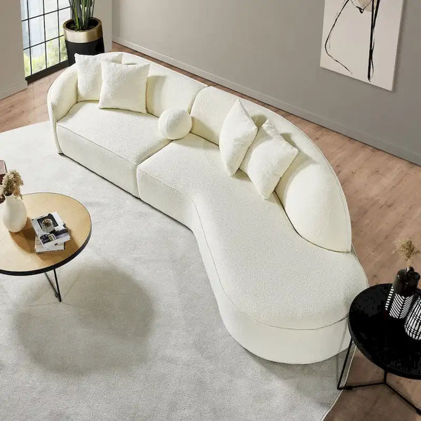 Luxury Modern Curved Sofa in White with Gallar Japandi Style Boucle Fabric