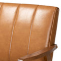 Nikko Tan Faux Leather Sofa with Walnut-Finished Wood Accents