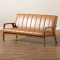 Nikko Tan Faux Leather Sofa with Walnut-Finished Wood Accents