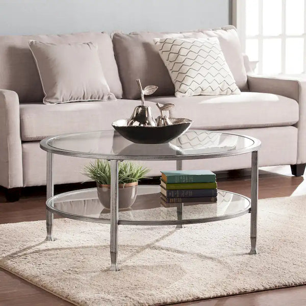 Glenn Distressed Silver Round Coffee Table with Glass Top and Shelf by SEI Furniture