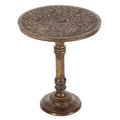 Intricately Carved Dark Brown Mango Wood Accent Table with Elephant or Floral Design and Turned Base - Roche River Decor