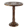 Intricately Carved Dark Brown Mango Wood Accent Table with Elephant or Floral Design and Turned Base - Roche River Decor