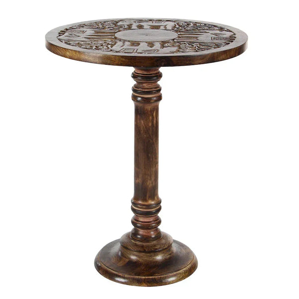 Intricately Carved Dark Brown Mango Wood Accent Table with Elephant or Floral Design and Turned Base - Roche River Decor