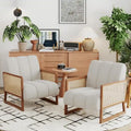 Mid-Century Modern Upholstered Rattan Accent Chairs - Natural Linen Armchairs for Living Room and Bedroom