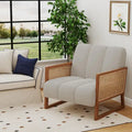 Mid-Century Modern Upholstered Rattan Accent Chairs - Natural Linen Armchairs for Living Room and Bedroom