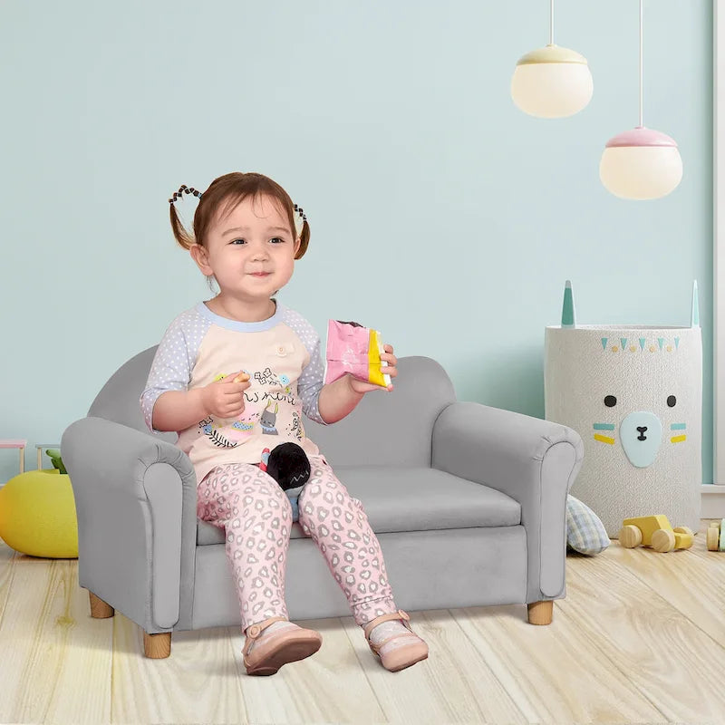 Qaba Kids Sofa with Wooden Armrests - Toddler Couch for Preschool and Kindergarten Rooms Featuring Hidden Storage