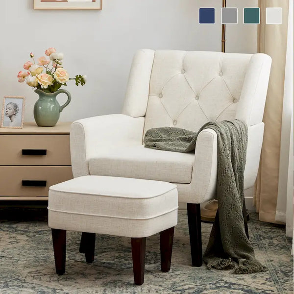 HUIMO Fabric Accent Chair and Ottoman Set - Available in Grey, Beige, Blue, and Dark Teal