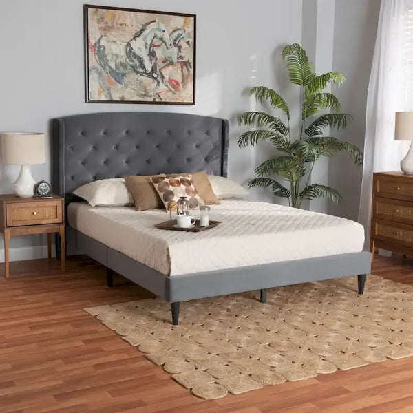 Joanna Modern Velvet Upholstered Platform Bed with Dark Brown Wood Finish