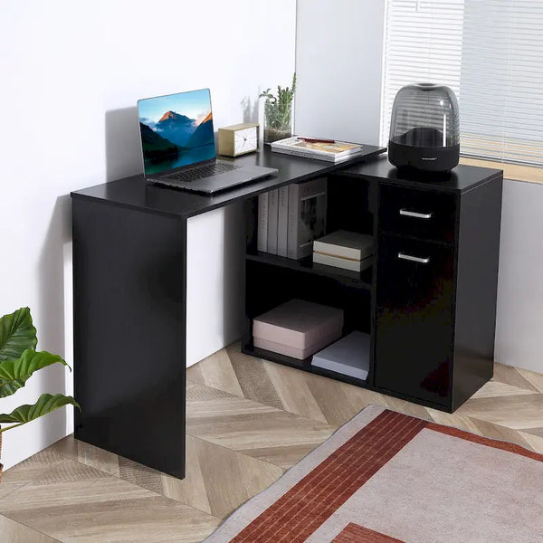 HOMCOM L-Shaped Corner Computer Desk with Rotating Storage Shelves and Drawer for Home and Office Workspaces