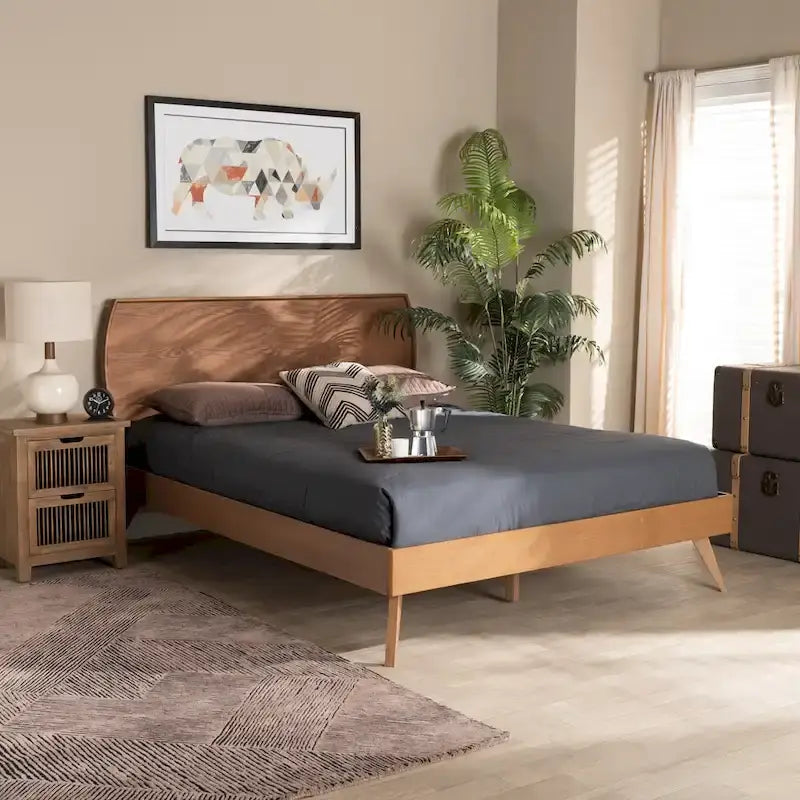 Mid-Century Walnut Brown Wood Platform Bed by Aimi