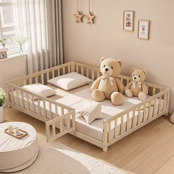 Kids' Full-Size Wooden Floor Bed with Fence and Door