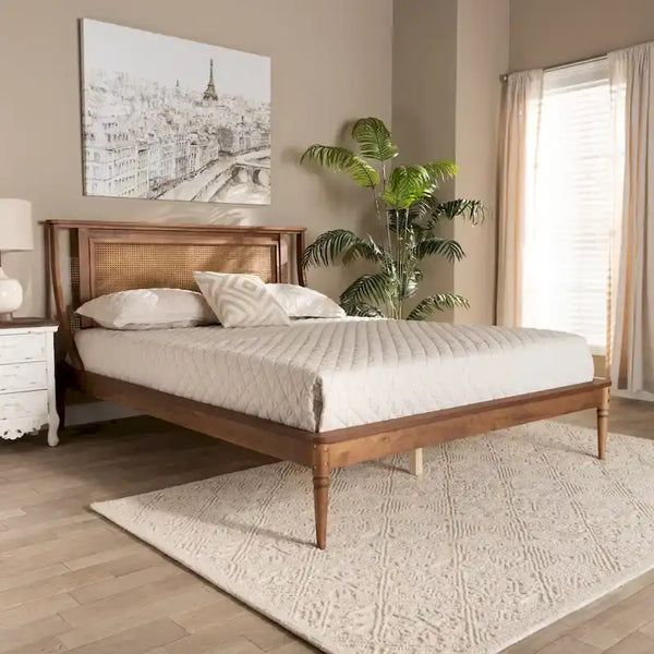 Jamila Contemporary Synthetic Rattan Platform Bed in Walnut Brown