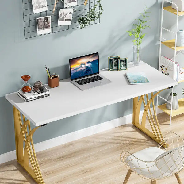 Contemporary 55-Inch Gold and White Computer Desk - Versatile Dining, Vanity, and Conference Table with Elegant Gold Legs